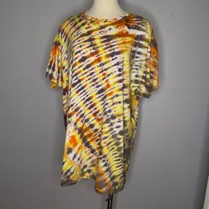 Striped Orange, Brown, Yellow Tie-Dye T-Shirt Handmade Upcycled Size XL Unisex